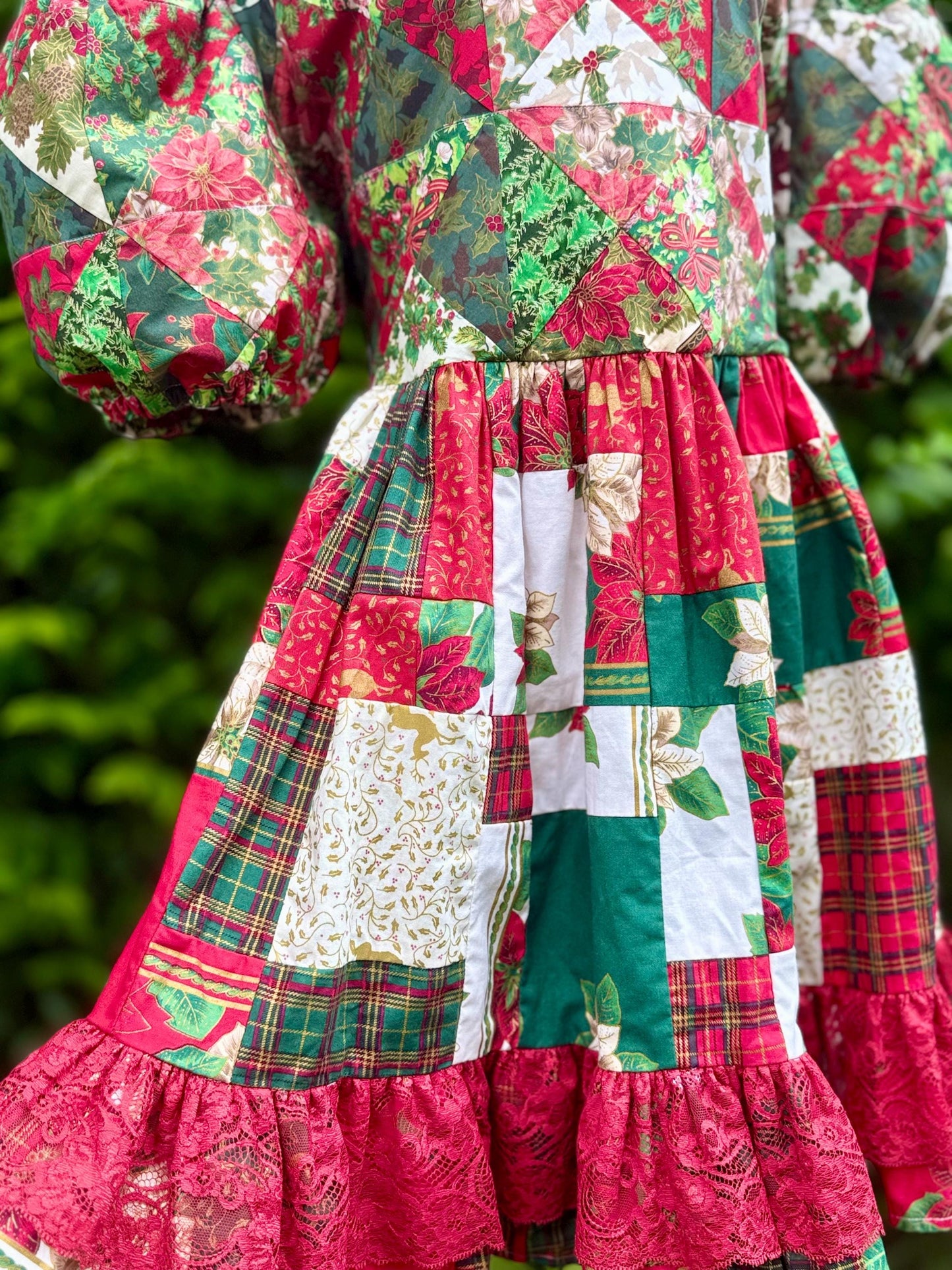 Red & Green Christmas Patchwork Babydoll Dress with Lace – One of a Kind