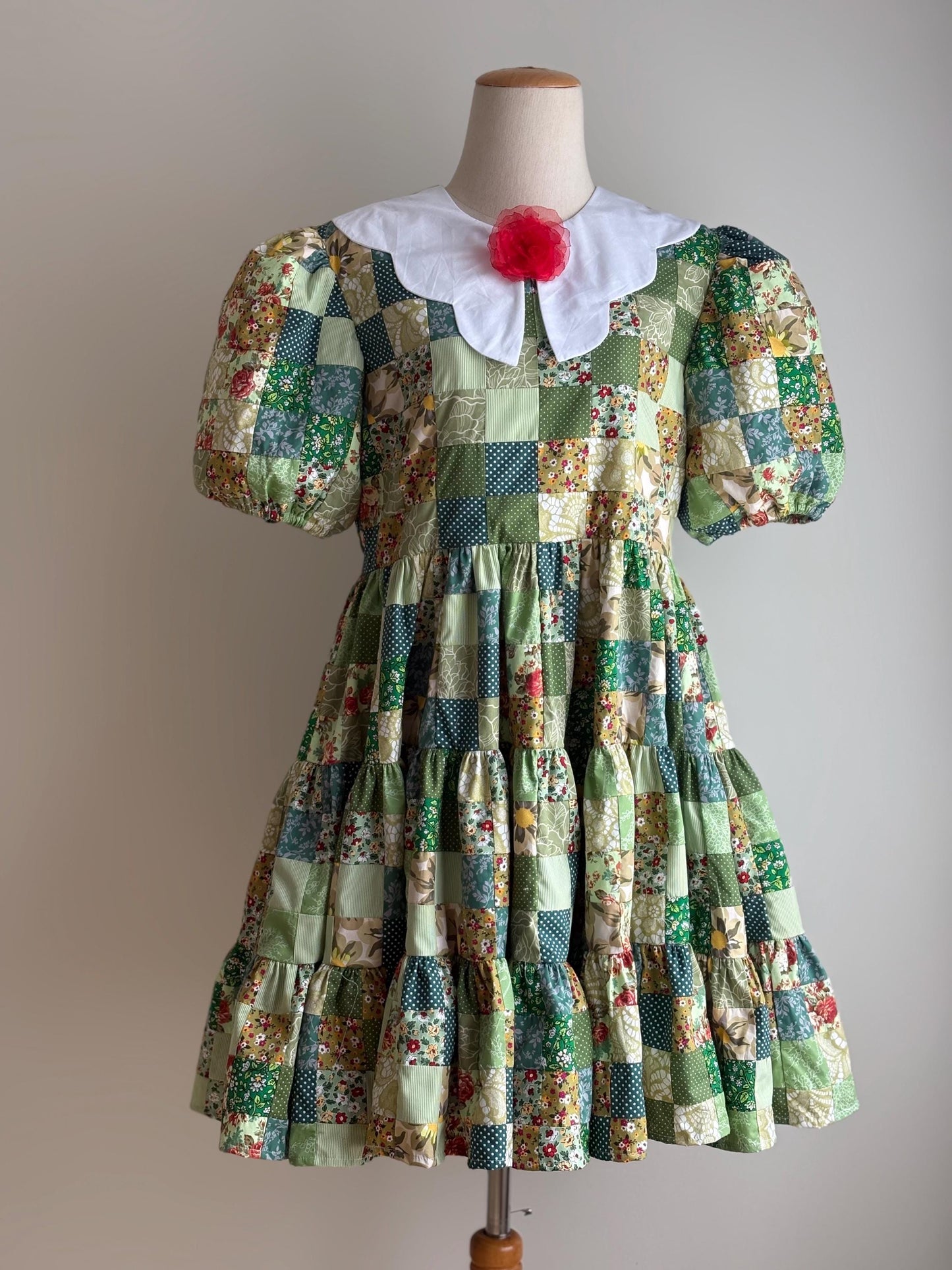 Green Floral Patchwork Babydoll Dress with White Collar – One of a Kind