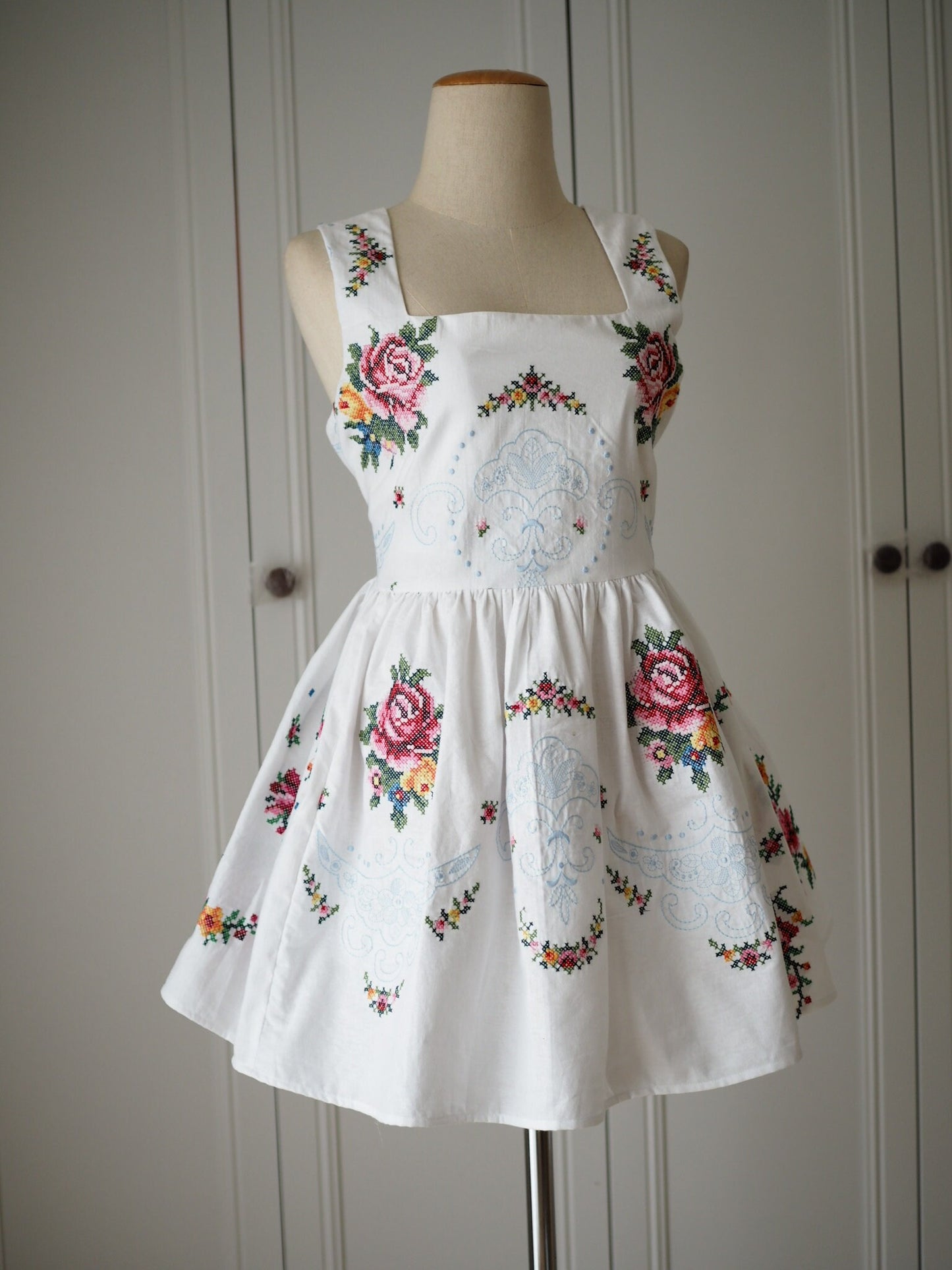 Upcycled Cross-Stitch Tablecloth Mini Dress – One of a Kind