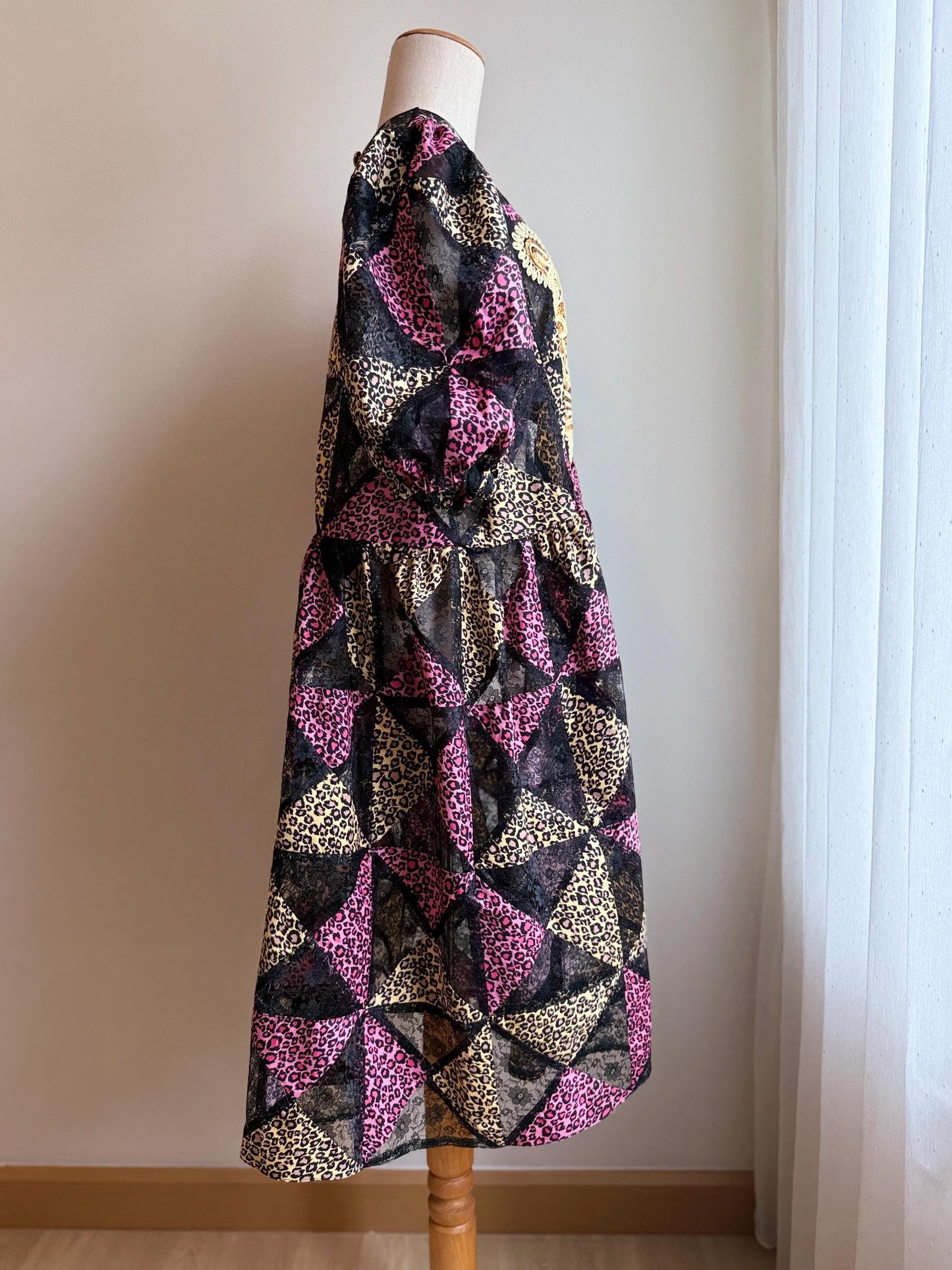 Pink Leopard Patchwork Babydoll Dress with Statement Appliqué – One of a Kind