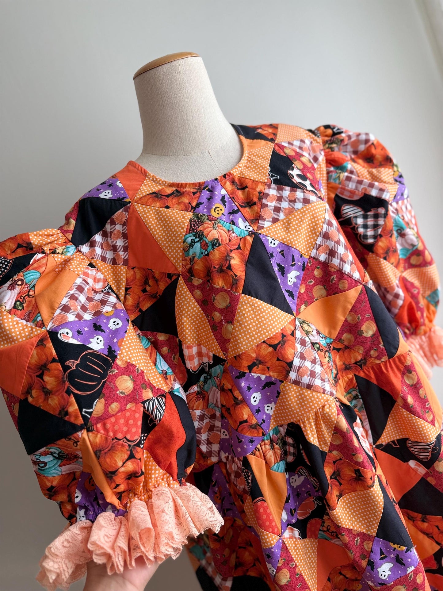 Orange Halloween Patchwork Babydoll Midi Dress with Lace – One of a Kind