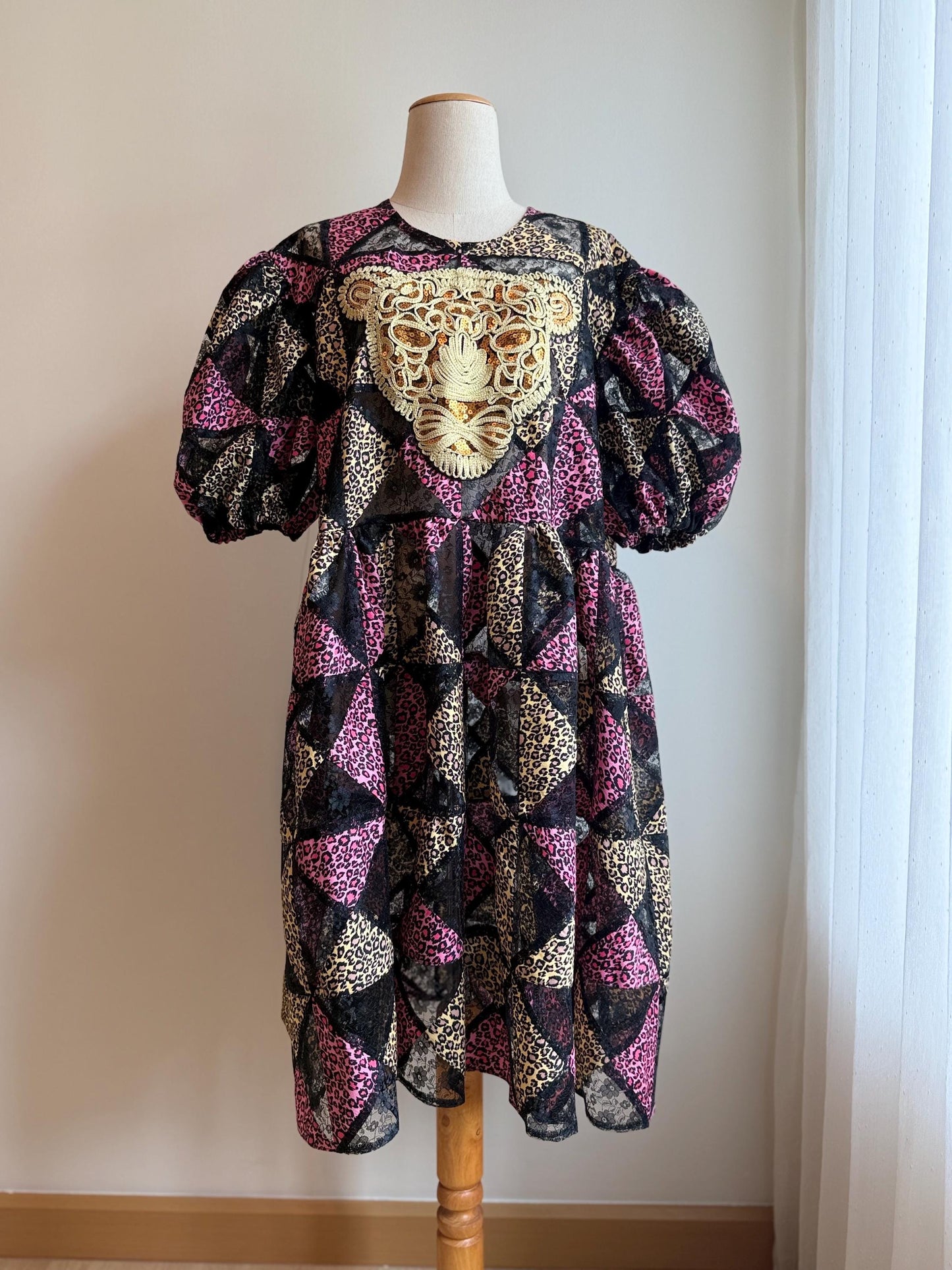 Pink Leopard Patchwork Babydoll Dress with Statement Appliqué – One of a Kind