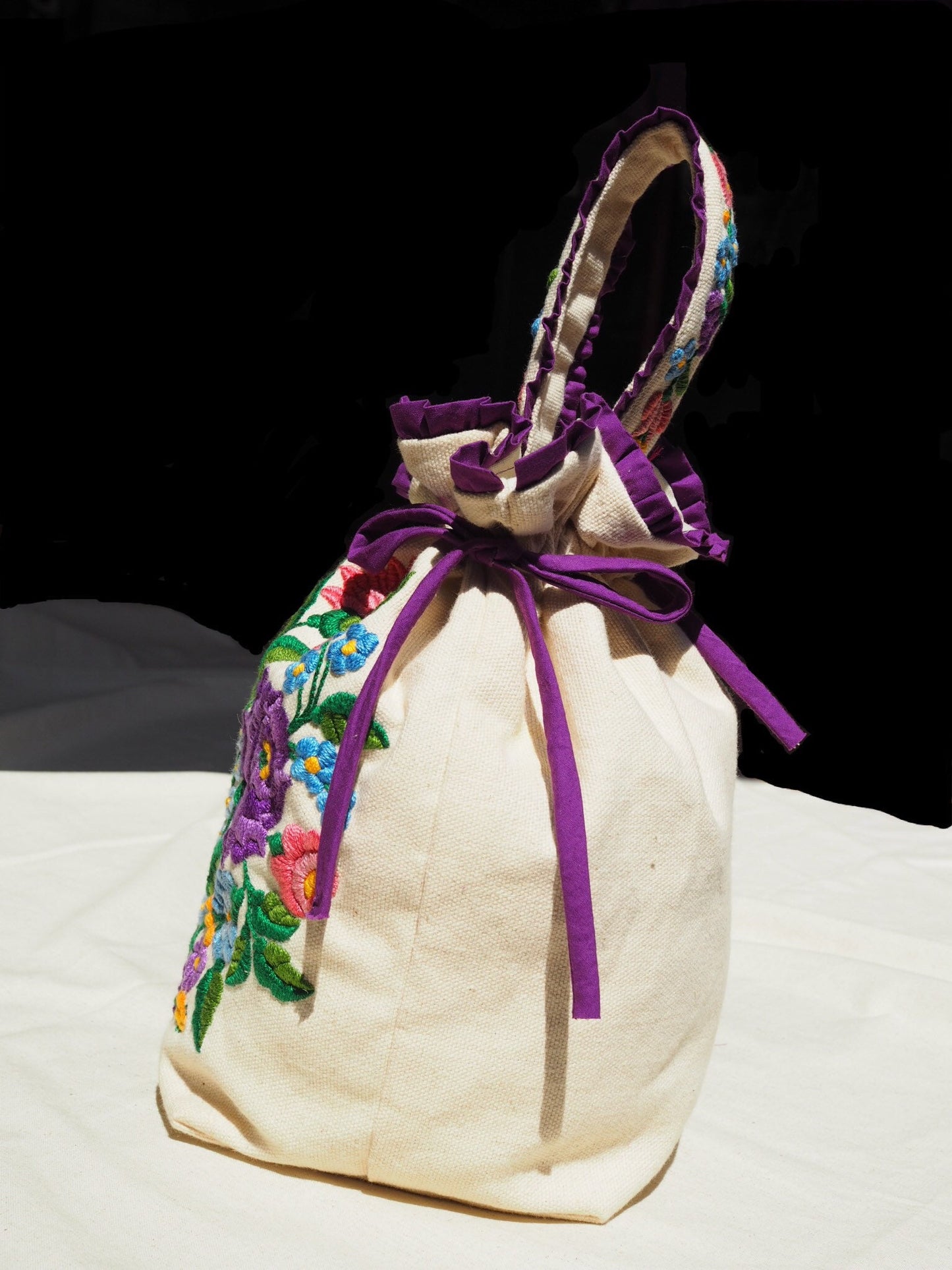 Hand-Embroidered Floral Drawstring Bag – Original Design, One of a Kind
