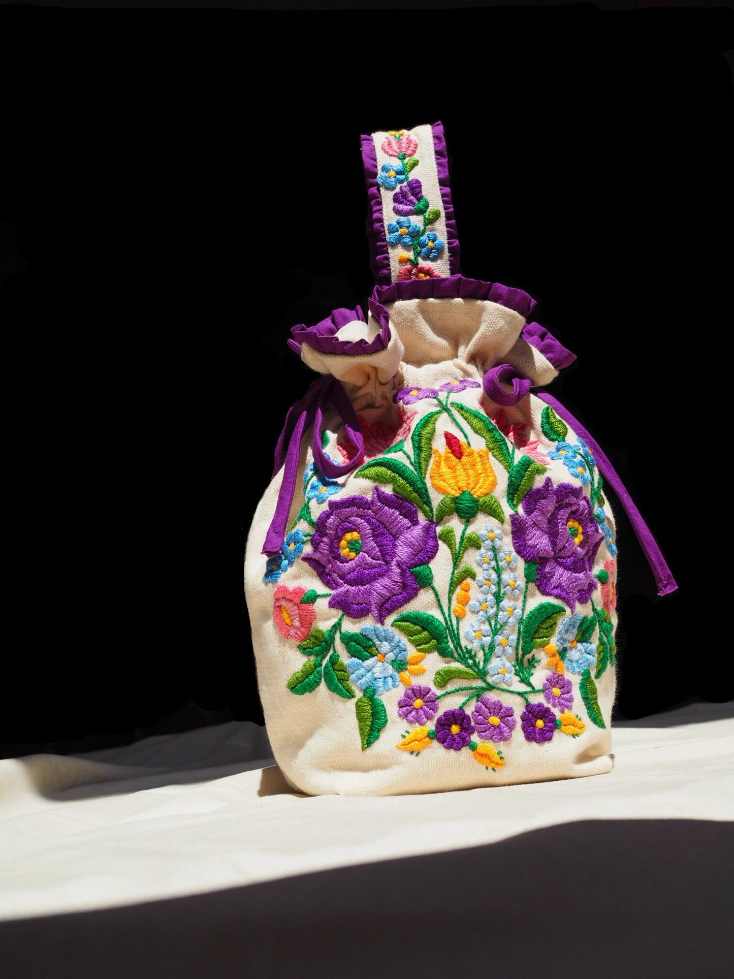 Hand-Embroidered Floral Drawstring Bag – Original Design, One of a Kind