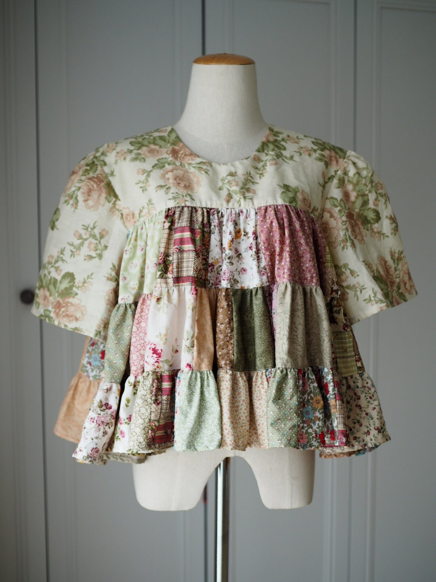 Handmade Floral Patchwork Babydoll Top – Cotton Tiered Blouse