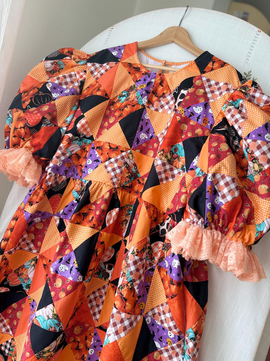 Orange Halloween Patchwork Babydoll Midi Dress with Lace – One of a Kind