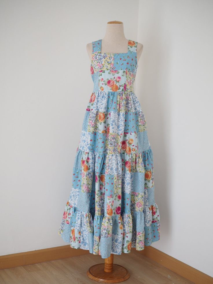 Blue floral babydoll dress patchwork — SOLD OUT