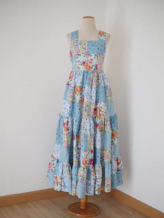 Blue floral babydoll dress patchwork — SOLD OUT