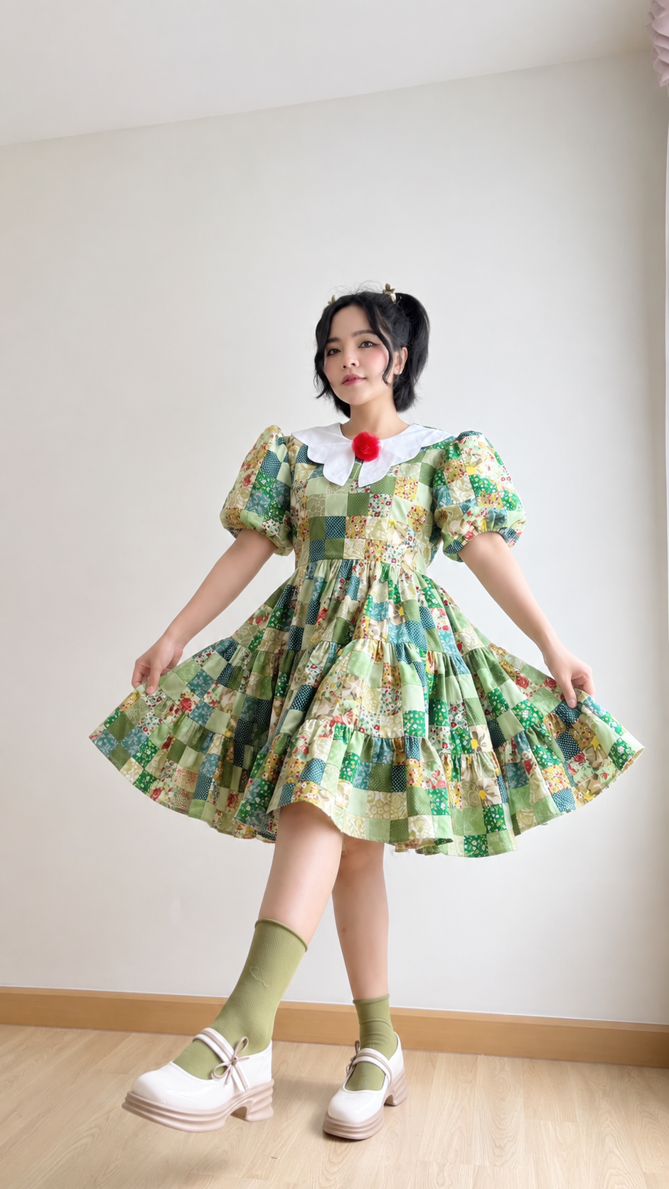 Green Floral Patchwork Babydoll Dress with White Collar – One of a Kind