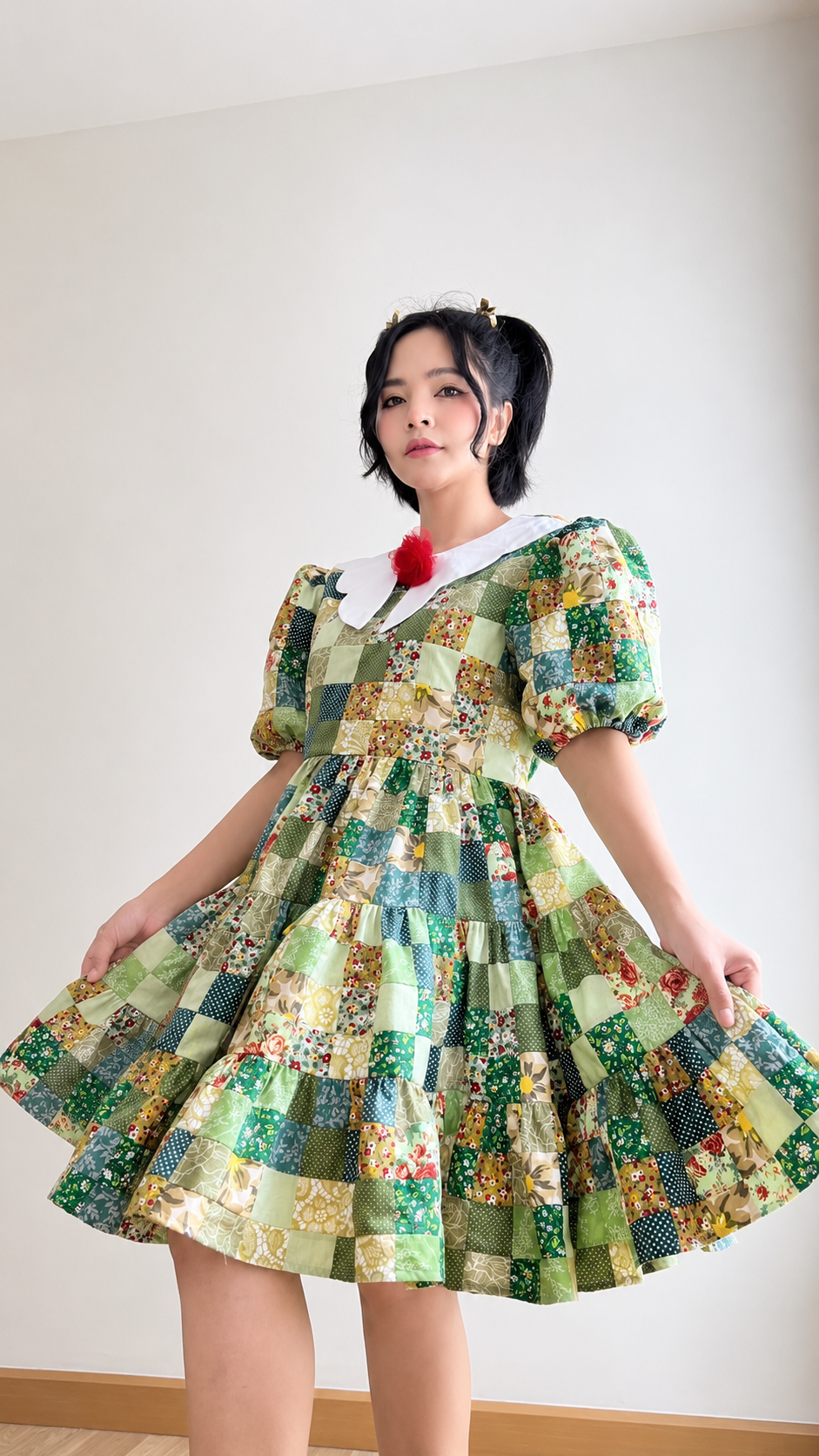Green Floral Patchwork Babydoll Dress with White Collar – One of a Kind