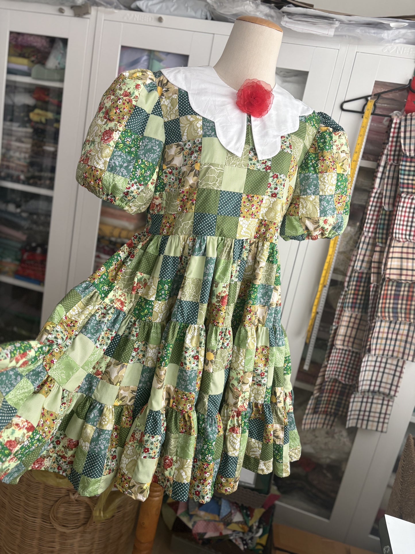 Green Floral Patchwork Babydoll Dress with White Collar – One of a Kind
