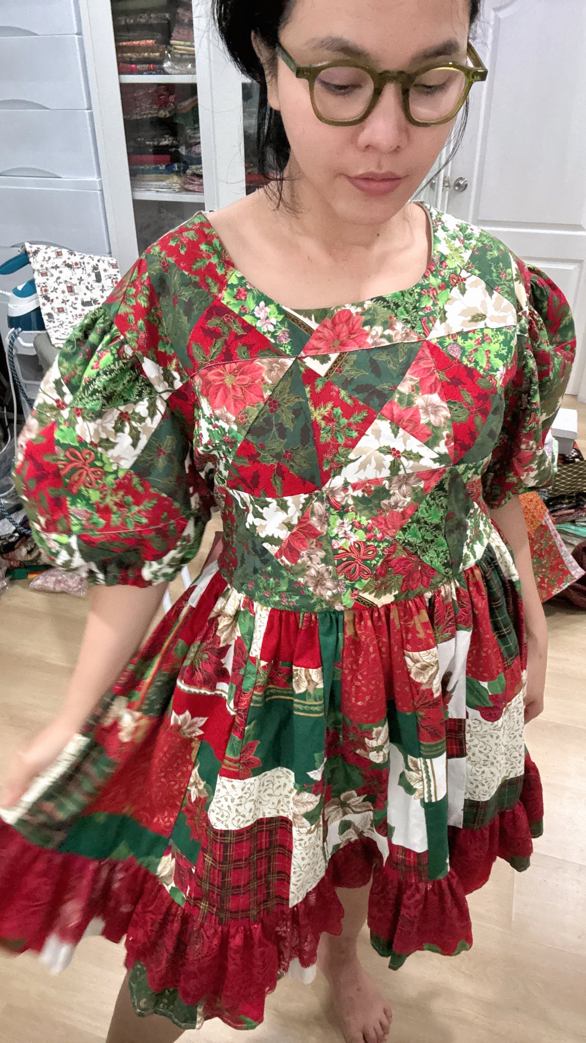 Red & Green Christmas Patchwork Babydoll Dress with Lace – One of a Kind