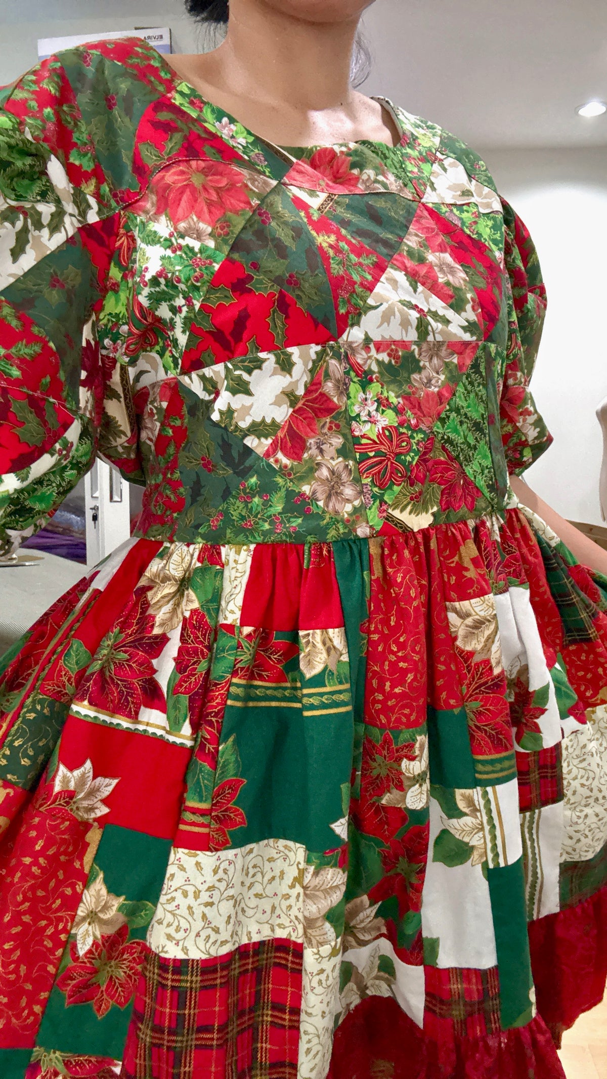 Red & Green Christmas Patchwork Babydoll Dress with Lace – One of a Kind