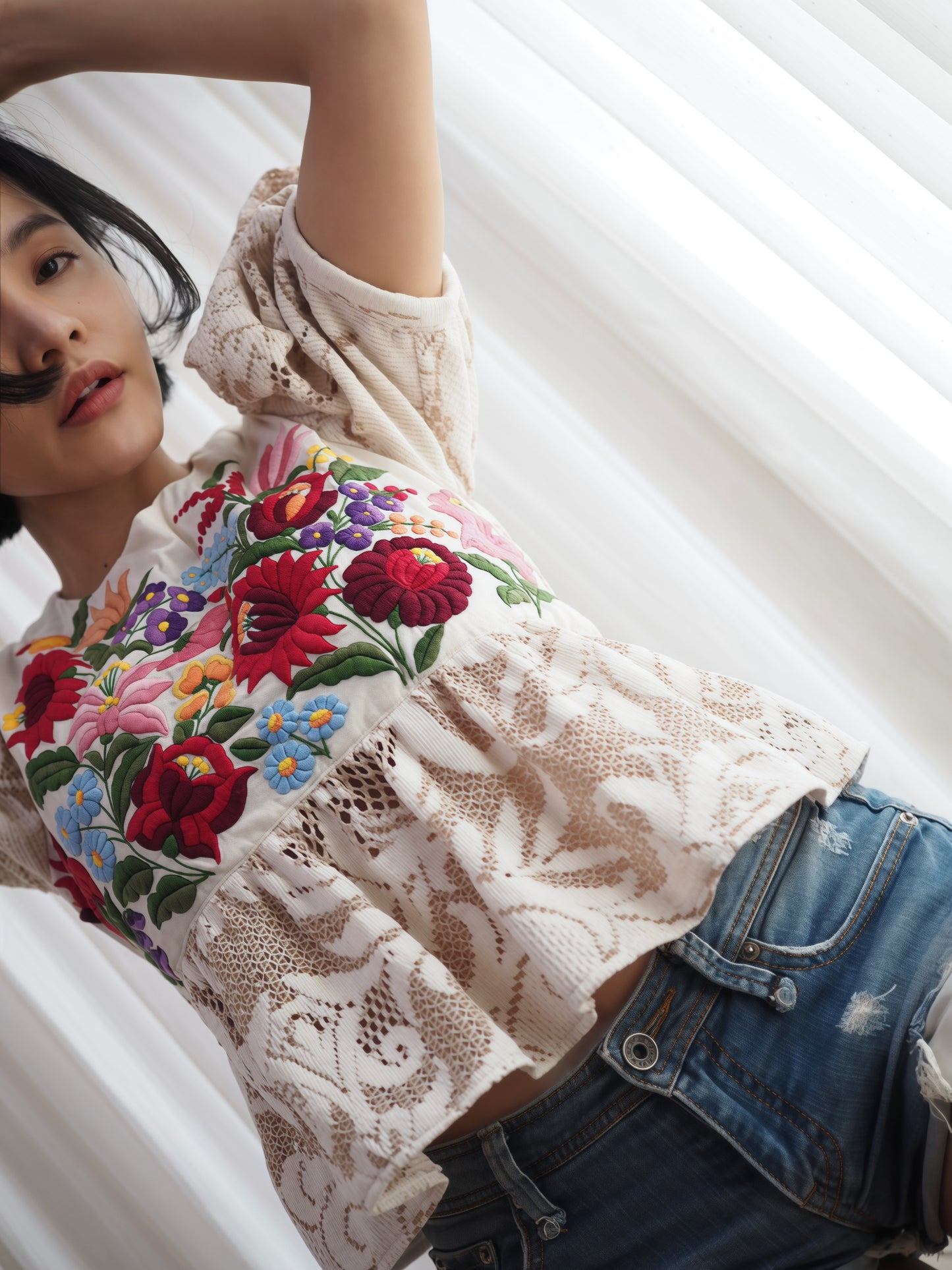 Hungarian Kalocsa-Inspired Embroidered Peplum Top – One of a Kind