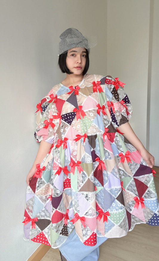 Polka Dot & Lace Patchwork Babydoll Dress with Red Bows – One of a Kind