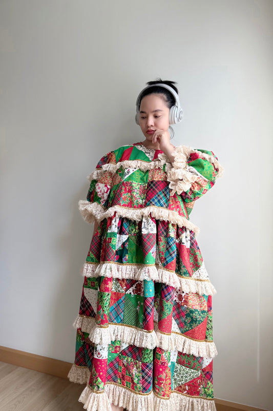 Christmas Patchwork Lace Tiered Dress – One of a Kind