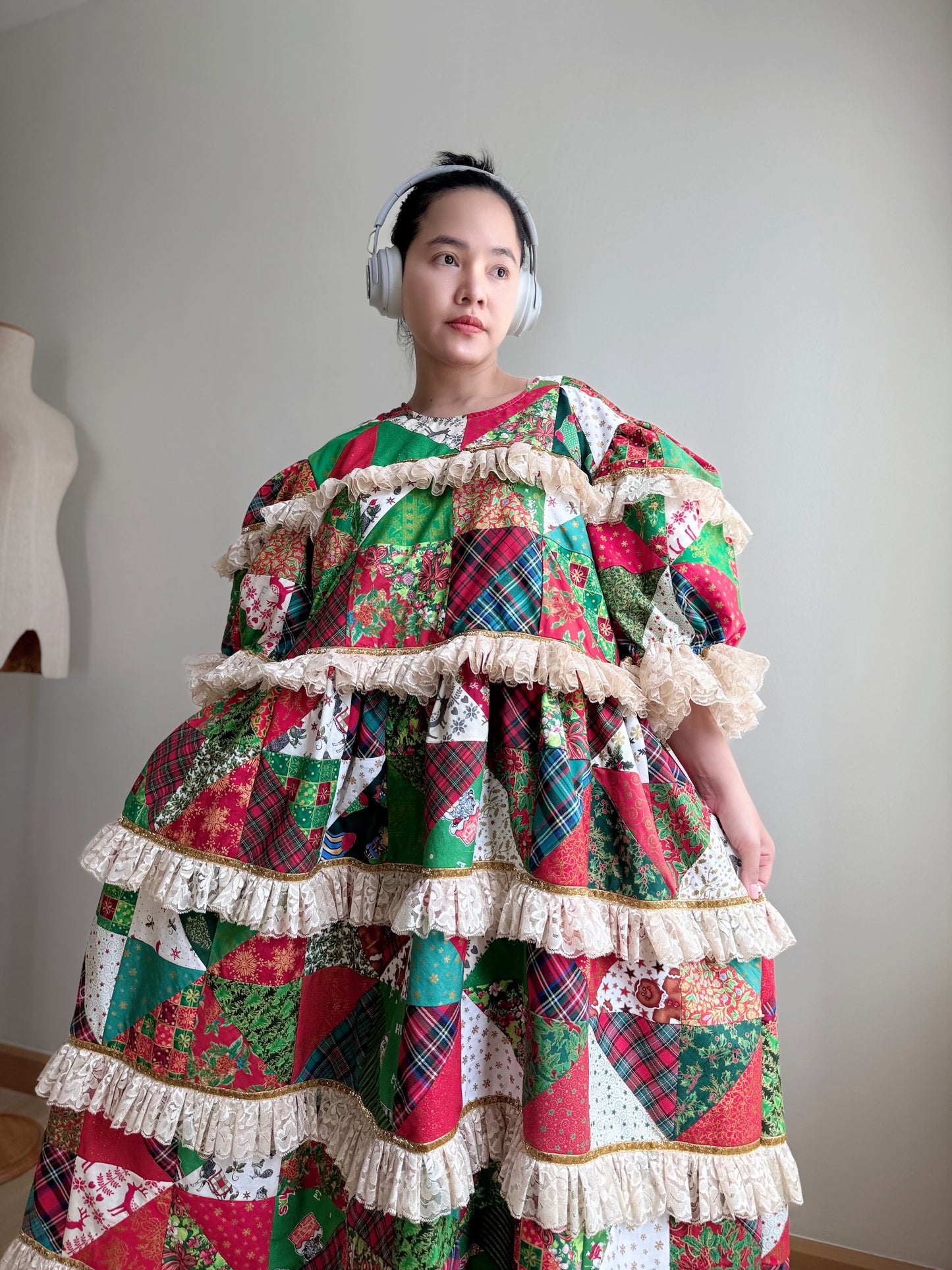 Christmas Patchwork Lace Tiered Dress – One of a Kind