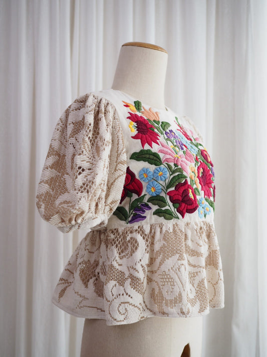 Hungarian Kalocsa-Inspired Embroidered Peplum Top – One of a Kind