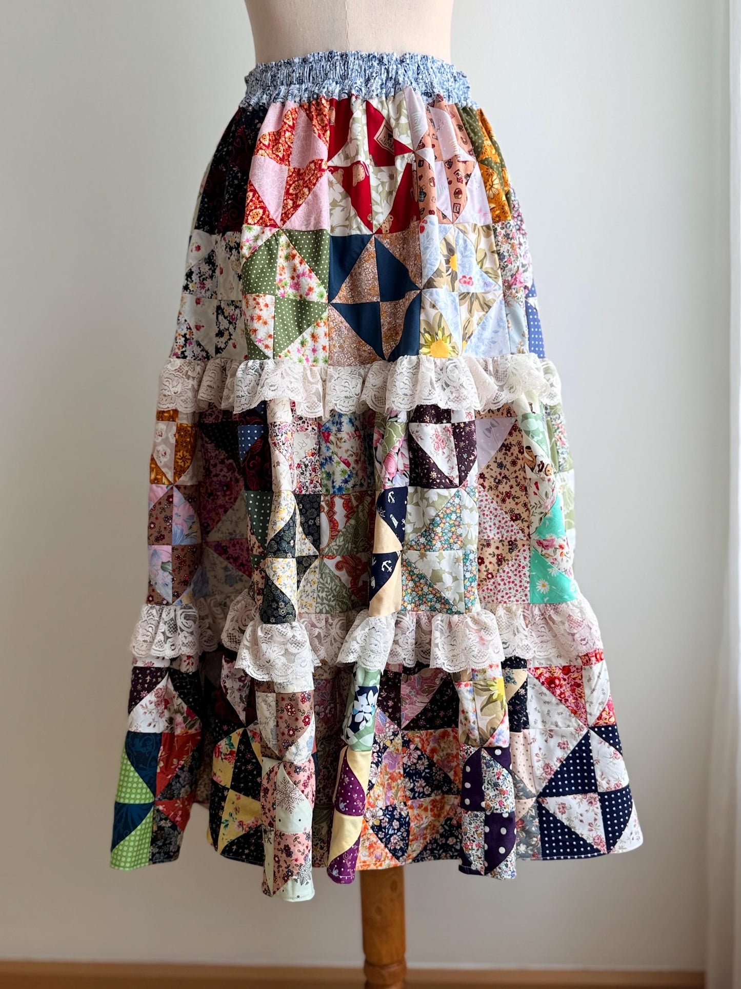Handmade Patchwork Maxi Skirt – Cotton Quilt Skirt with Lace Trim