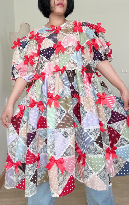 Polka Dot & Lace Patchwork Babydoll Dress with Red Bows – One of a Kind