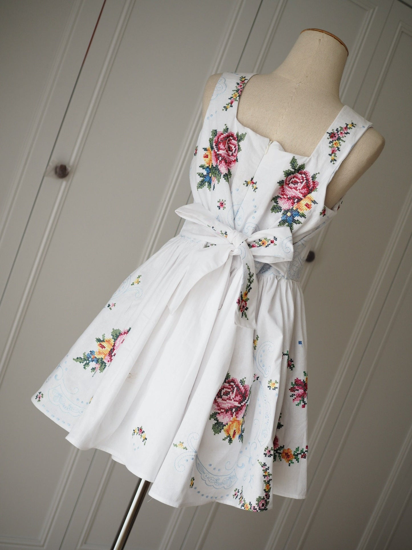 Upcycled Cross-Stitch Tablecloth Mini Dress – One of a Kind