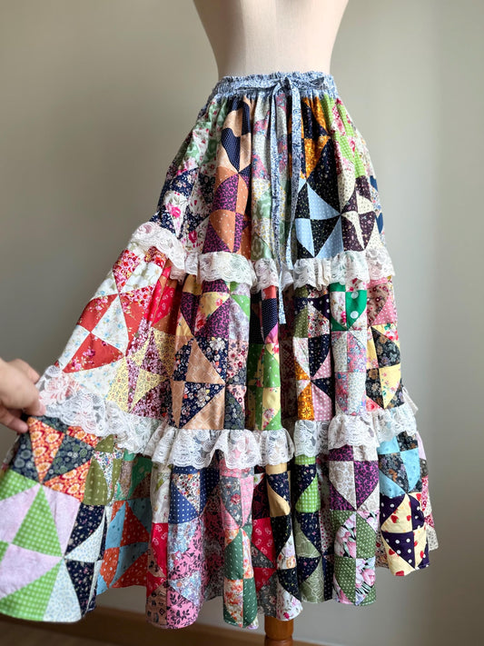 Handmade Patchwork Maxi Skirt – Cotton Quilt Skirt with Lace Trim