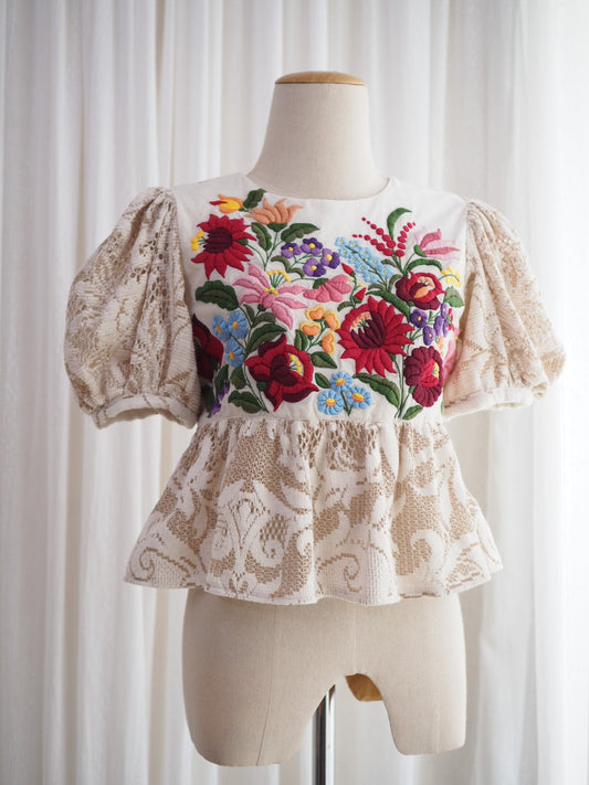 Hungarian Kalocsa-Inspired Embroidered Peplum Top – One of a Kind