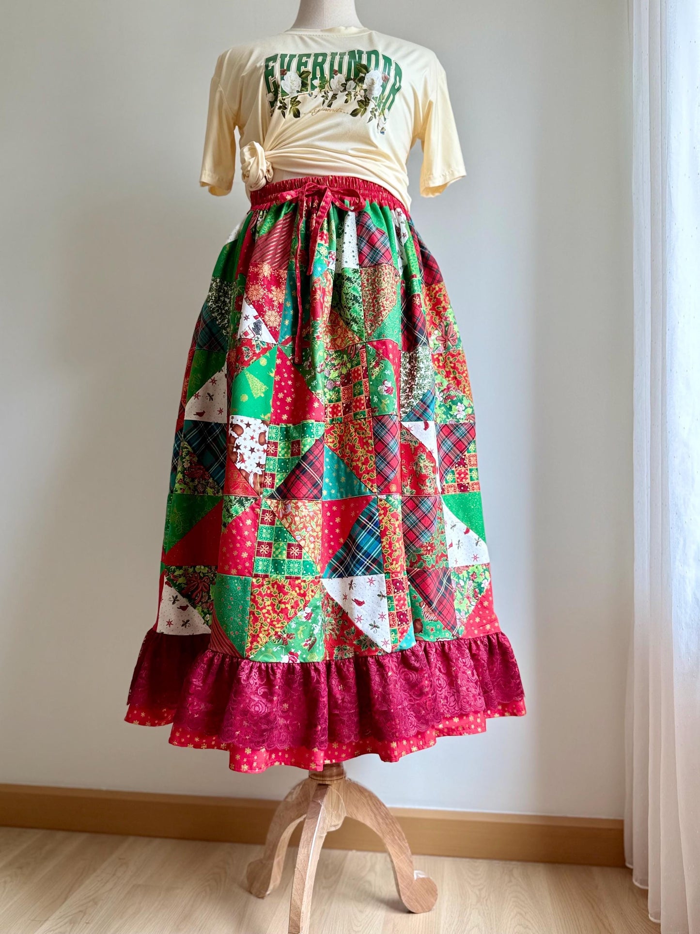 Handmade Christmas Patchwork Midi Skirt – Festive Cotton Skirt