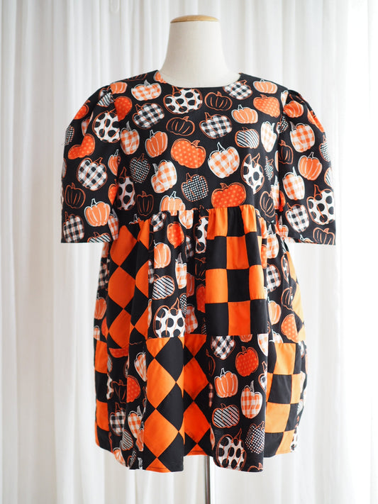 Halloween Pumpkin Patchwork Babydoll Mini Dress – One of a Kind