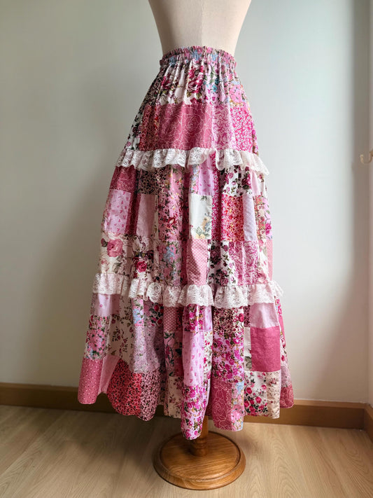 Handmade Pink Floral Patchwork Maxi Skirt – Cotton Skirt with Lace Trim