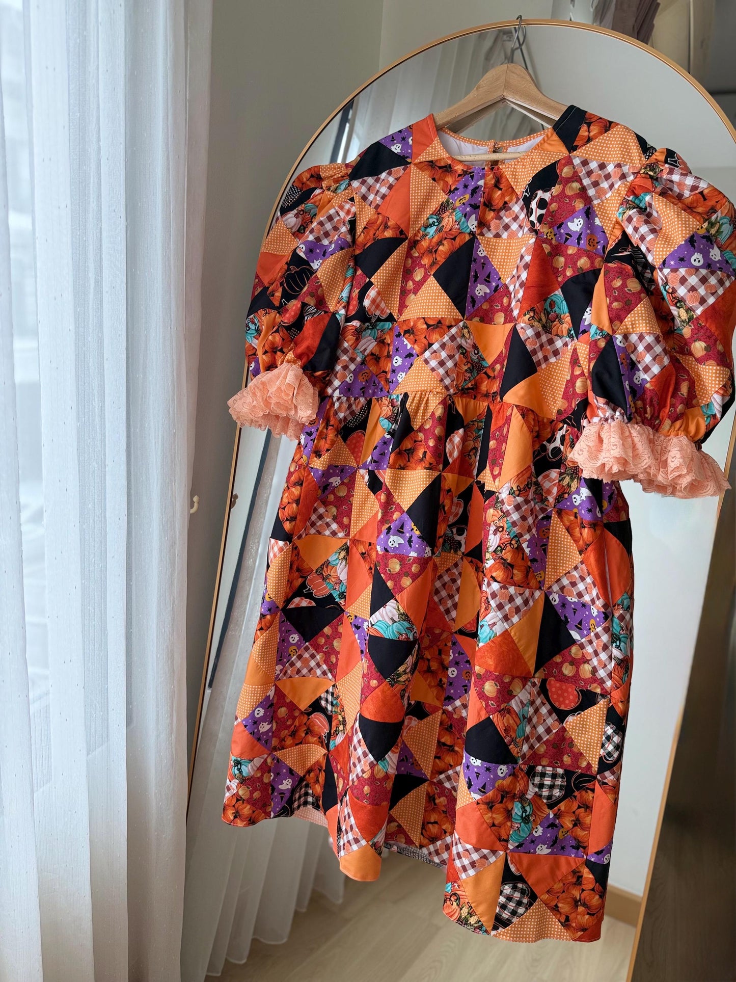 Orange Halloween Patchwork Babydoll Midi Dress with Lace – One of a Kind