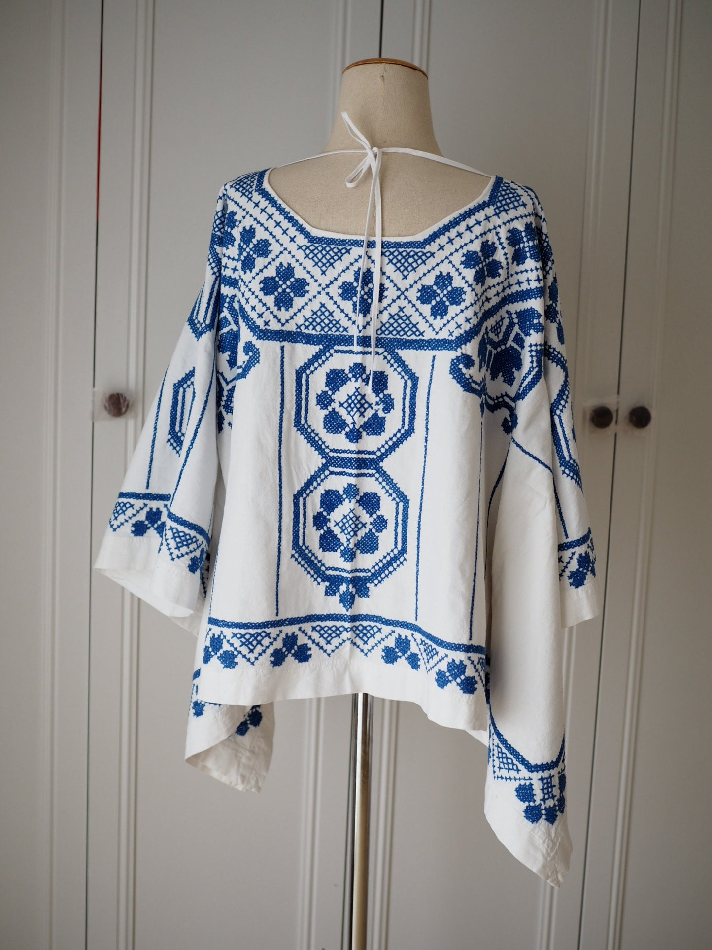 Upcycled Blue Cross-Stitch Linen Poncho Top – One of a Kind