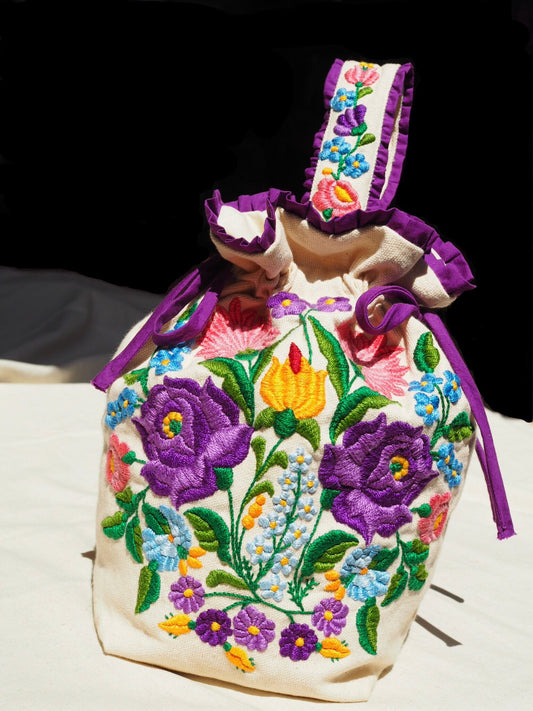 Hand-Embroidered Floral Drawstring Bag – Original Design, One of a Kind