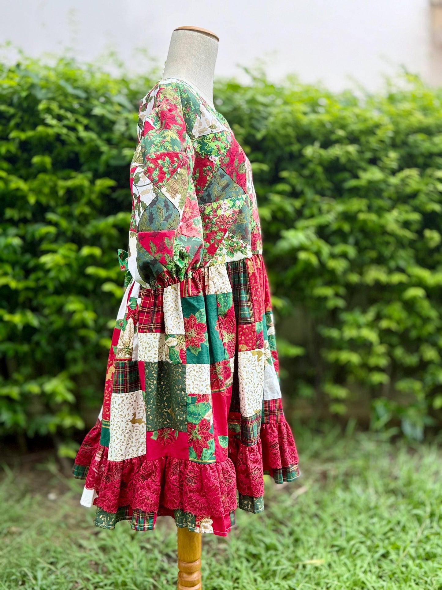 Red & Green Christmas Patchwork Babydoll Dress with Lace – One of a Kind