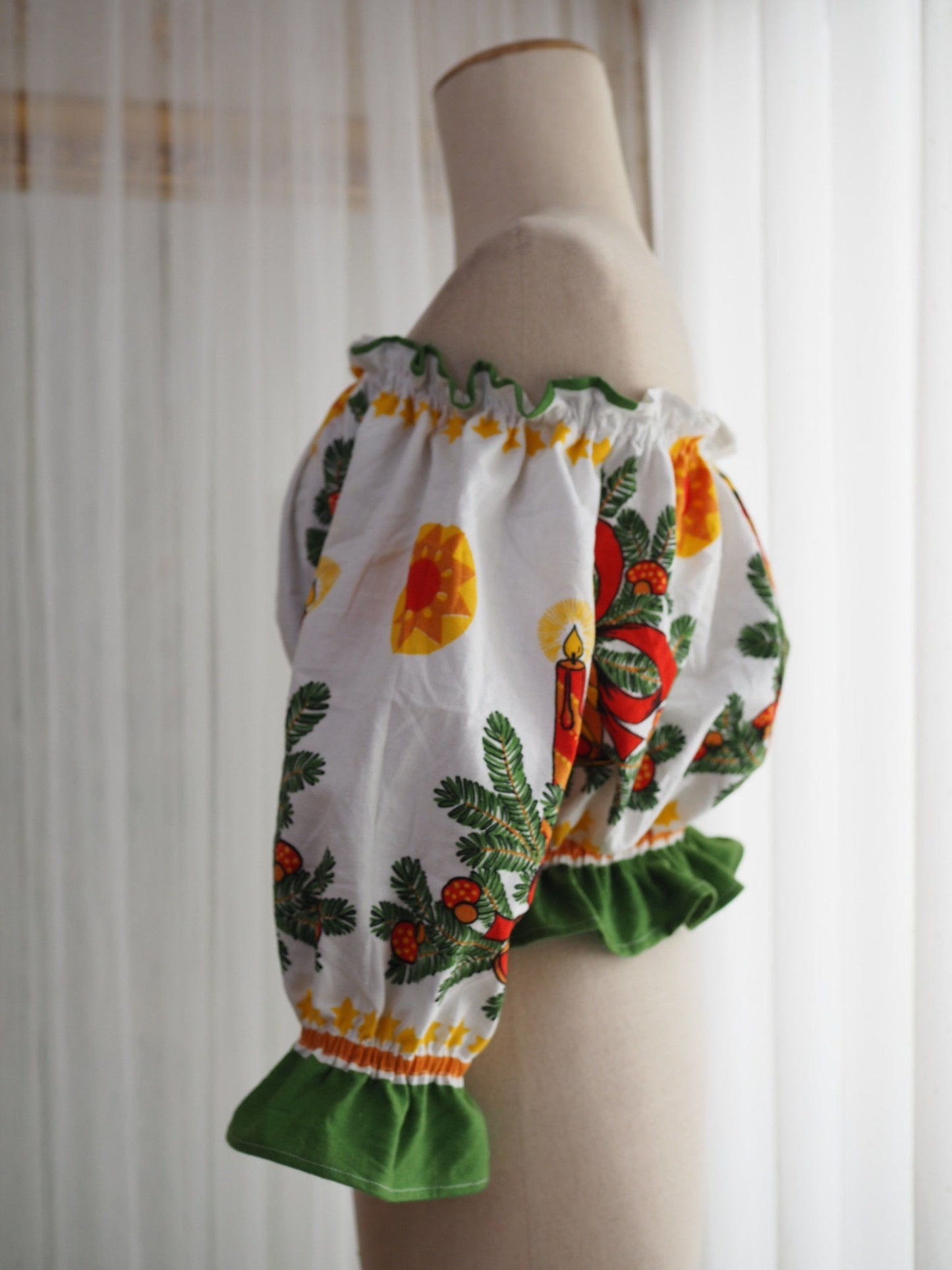 Upcycled Christmas Tablecloth Off-Shoulder Crop Top – One of a Kind