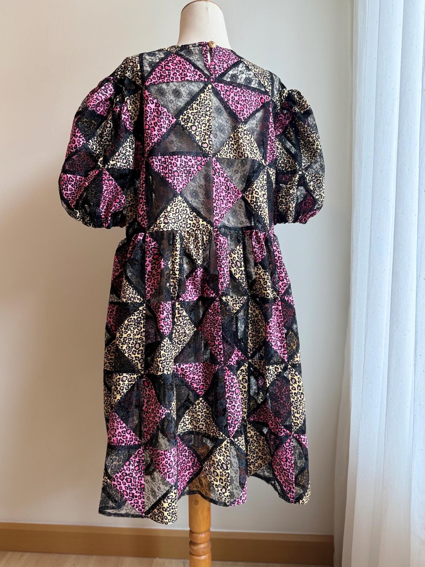 Pink Leopard Patchwork Babydoll Dress with Statement Appliqué – One of a Kind