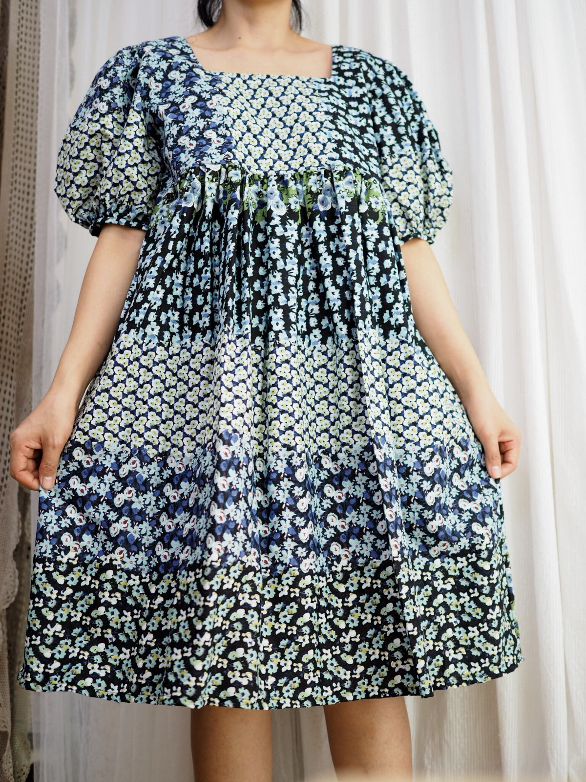 Blue Floral Cotton Babydoll Midi Dress