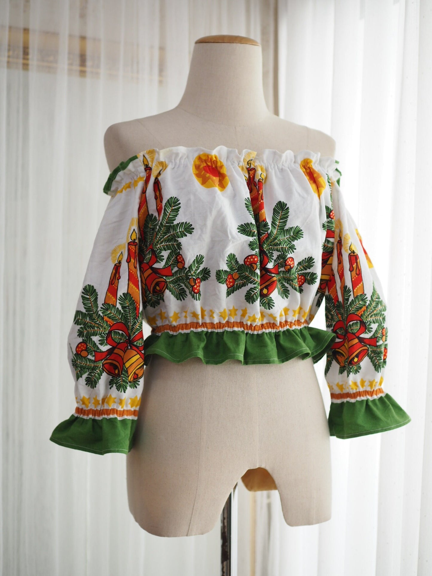 Upcycled Christmas Tablecloth Off-Shoulder Crop Top – One of a Kind