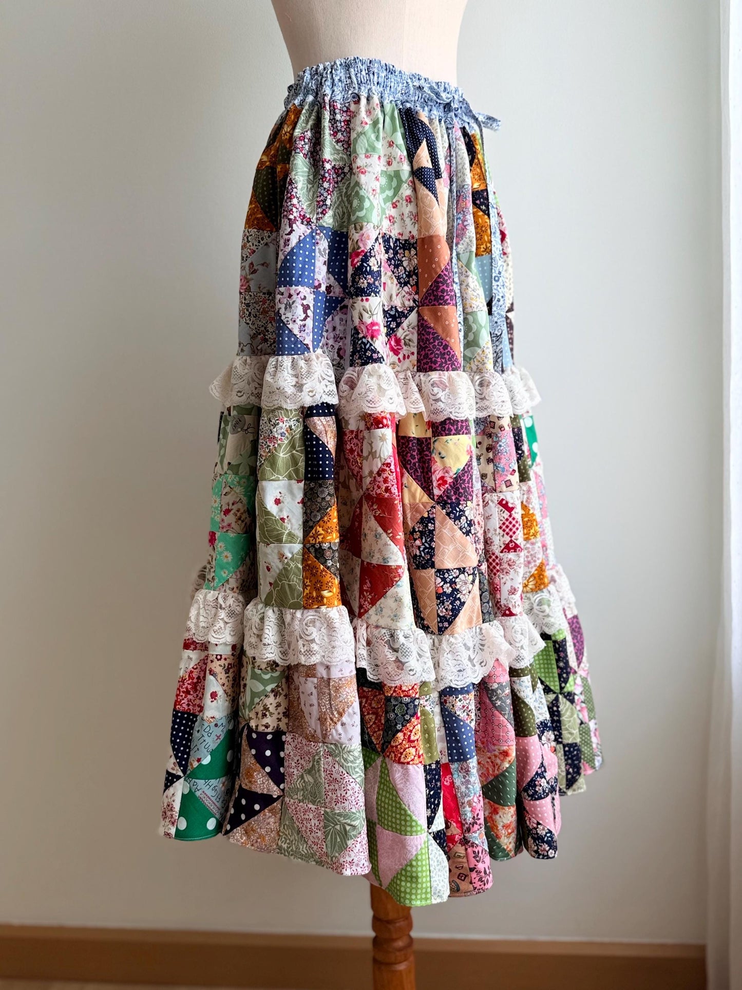 Handmade Patchwork Maxi Skirt – Cotton Quilt Skirt with Lace Trim