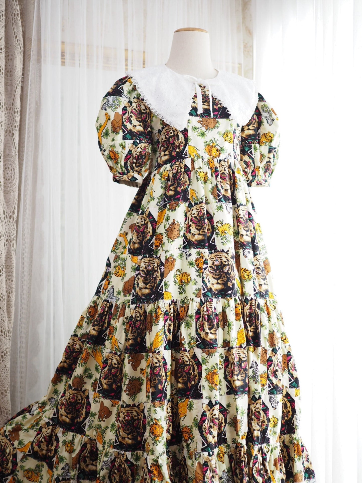 Tiger Print Babydoll Maxi Dress with White Collar – One of a Kind
