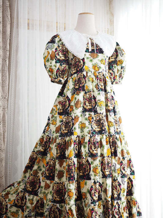 Tiger Print Babydoll Maxi Dress with White Collar – One of a Kind