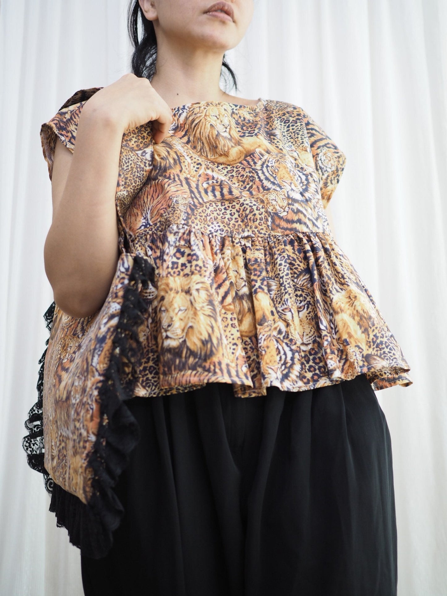 Upcycled Leopard Print Babydoll Top with Matching Lace Bag