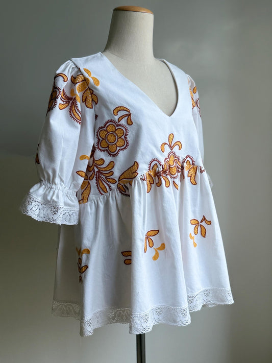 Upcycled Vintage Embroidered Tablecloth Babydoll Top – One of a Kind