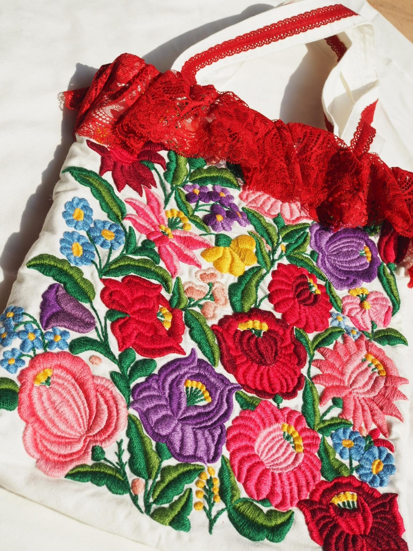 Hungarian-Inspired Hand-Embroidered Floral Tote Bag – Original Design, One of a Kind