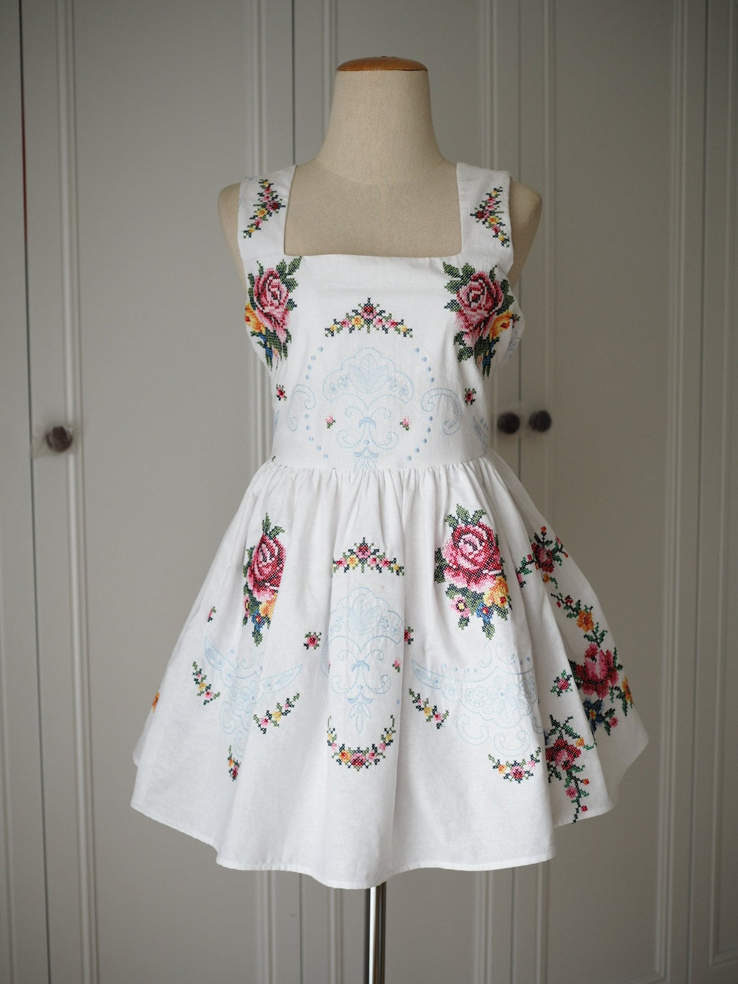 Upcycled Cross-Stitch Tablecloth Mini Dress – One of a Kind