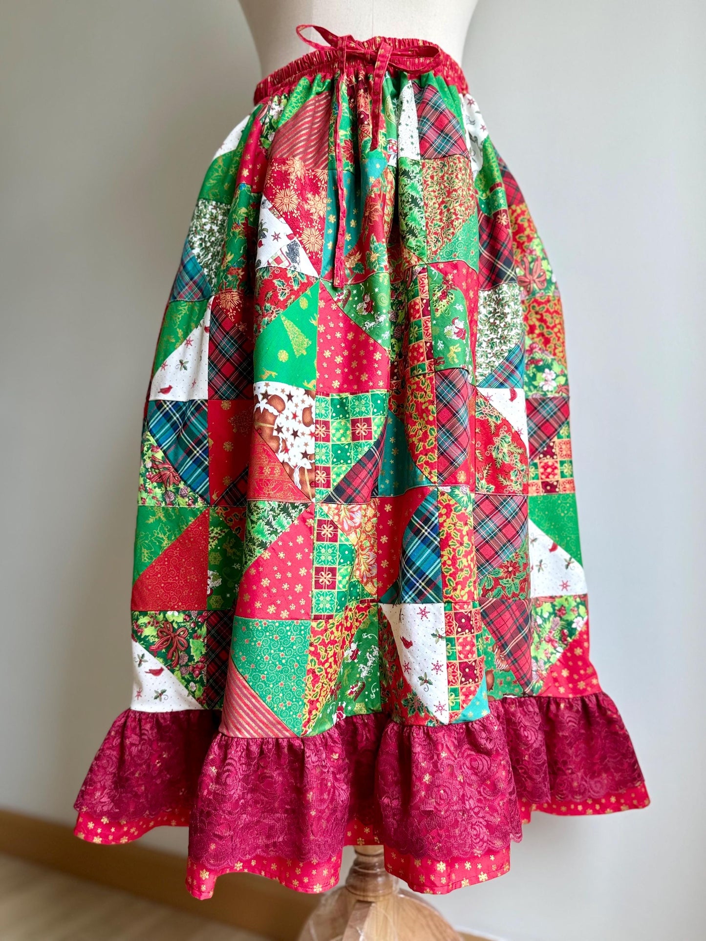 Handmade Christmas Patchwork Midi Skirt – Festive Cotton Skirt