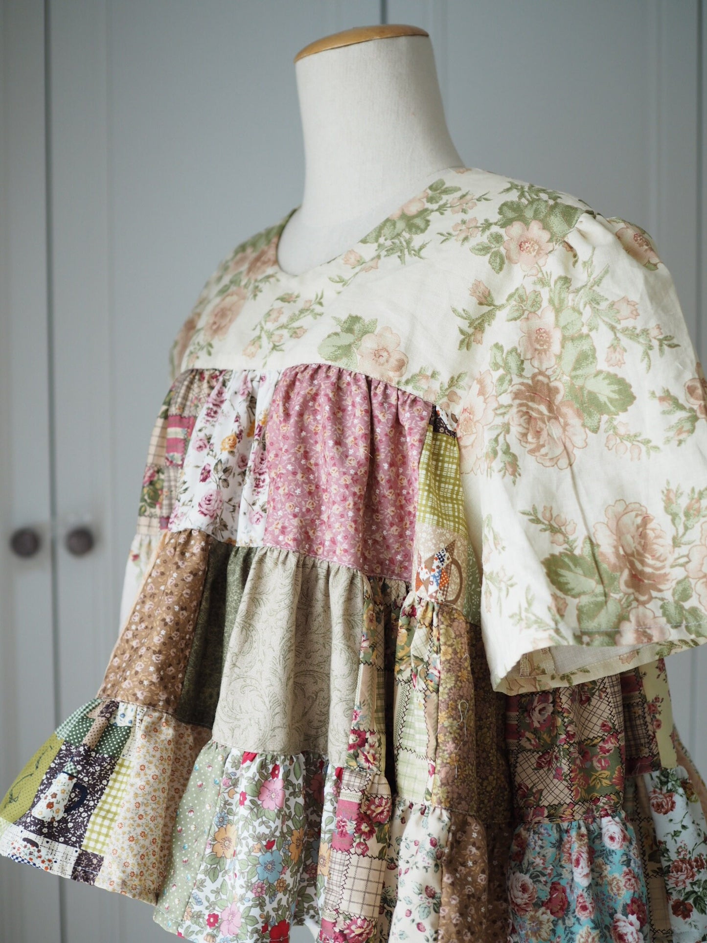 Handmade Floral Patchwork Babydoll Top – Cotton Tiered Blouse