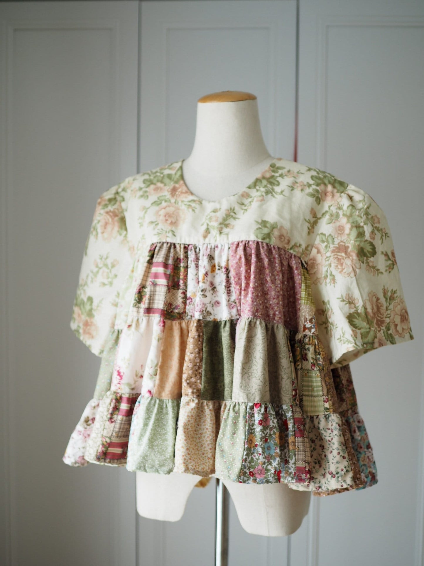 Handmade Floral Patchwork Babydoll Top – Cotton Tiered Blouse