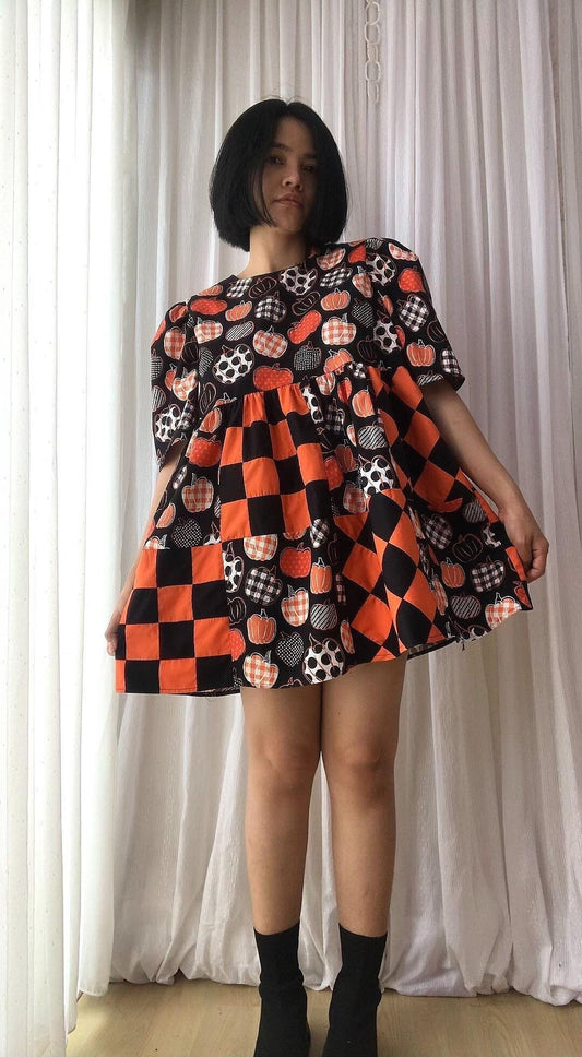 Halloween Pumpkin Patchwork Babydoll Mini Dress – One of a Kind