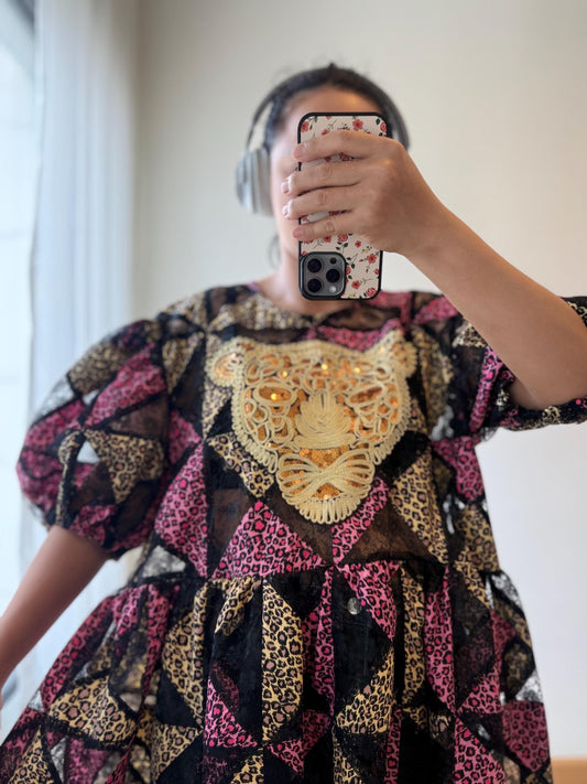 Pink Leopard Patchwork Babydoll Dress with Statement Appliqué – One of a Kind